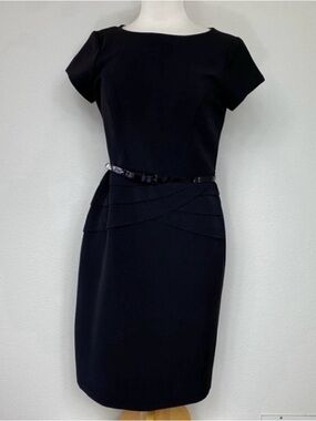 Label Evan Picone Womens Black Cap Sleeve Belted Sheath Dress Size 8 LBD Classic